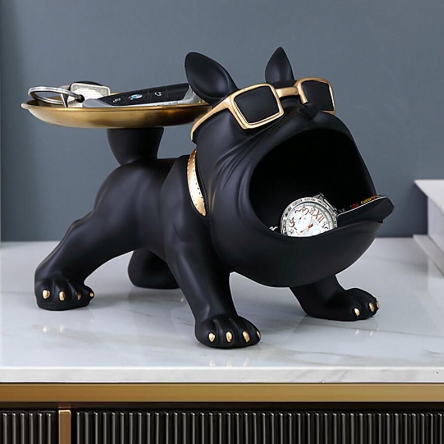 CHIWIN Decoratief Bulldog Beeld met Afneembaar Schaal – Harz Tiersculptuur – Sleutelhouder & Snoepschaal – Design Decoratie voor Woonkamer of Bureau Vaderdag cadeau