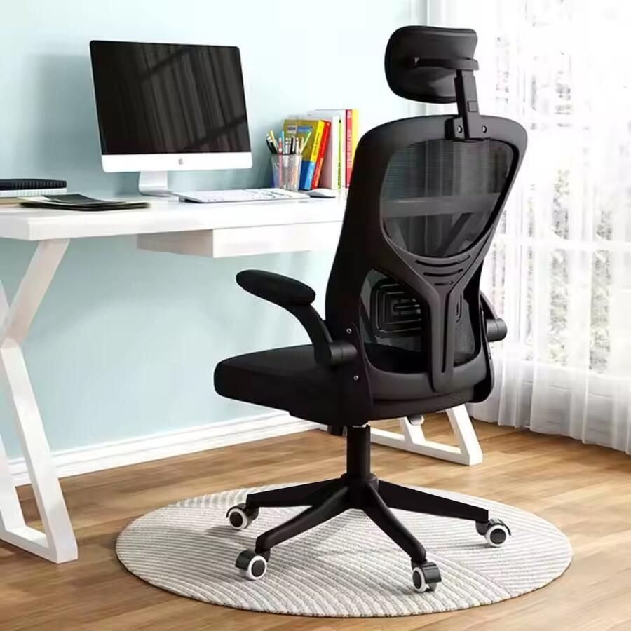 CHIWIN Ergonomische Bureaustoel met 3D Hoofdsteun Bureaustoelen voor Volwassenen Verstelbare Kantoorstoel met 90° Opklapbaar Armleuningen Gamestoel Mesh Zitting Ademend Materiaal Zwaartekracht Wielrem Zwart