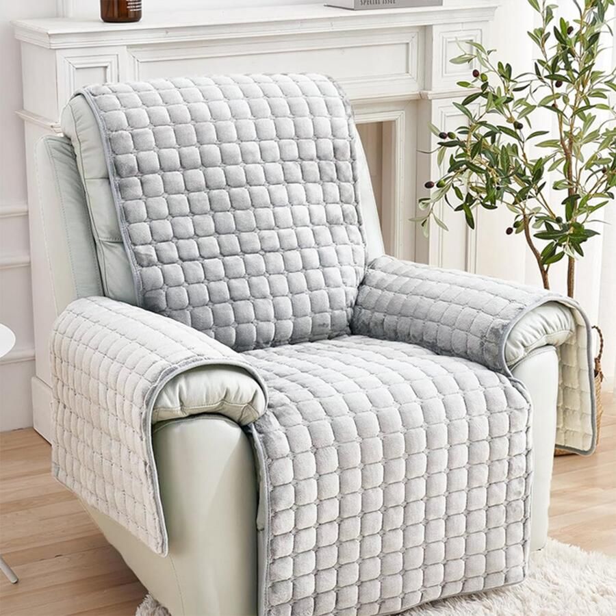 CHIWIN Fauteuil Beschermer met Opbergvakken – 53x190 cm Flanellen Stoelhoes – Anti-slip & Wasbaar – Universele Sesselbeschermer met Armleuning – Voor Woonkamer Kantoor & Alle Seizoenen – Grijs