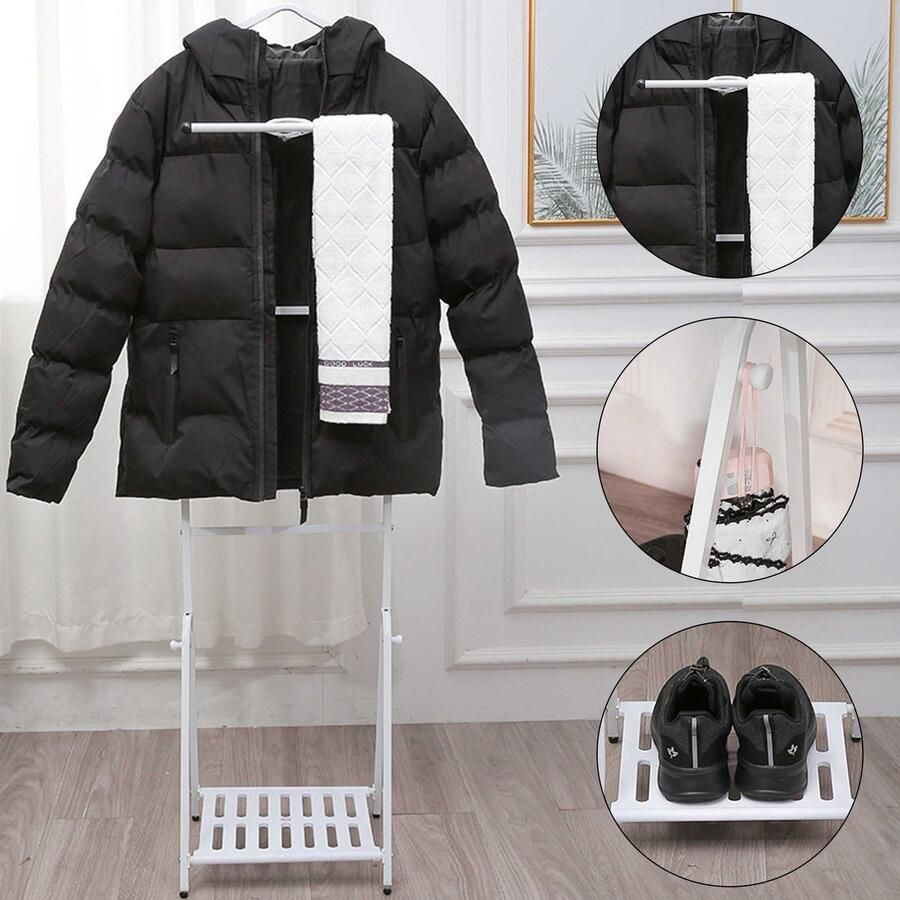CHIWIN Kapstok met Schoenenrek Metalen Kledingrek met Opbergplank Vrijstaand Kledingrek met Zijhaken en Netvak Ruimtebesparend Ontwerp voor Hal Slaapkamer Badkamer Hotel Kantoor 34x30x140 cm