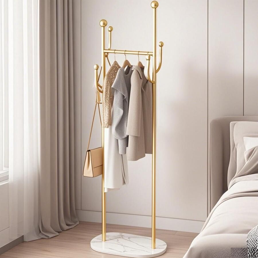 CHIWIN Kapstok Staand Garderoberek met 60cm Kledingstang & Marmeren Voet 6 Haken Kapstokken Gouden Metaal Ruimtebesparend Snel Montage voor Woonkamer Slaapkamer Studeerkamer