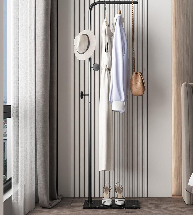 CHIWIN Kapstok Staand met 35cm Kledingstang & Marmeren Voet 3 Haken- Metaal Ruimtebesparend Design Snel Montage Geschikt voor Woonkamer Slaapkamer Studeerkamer Zwart