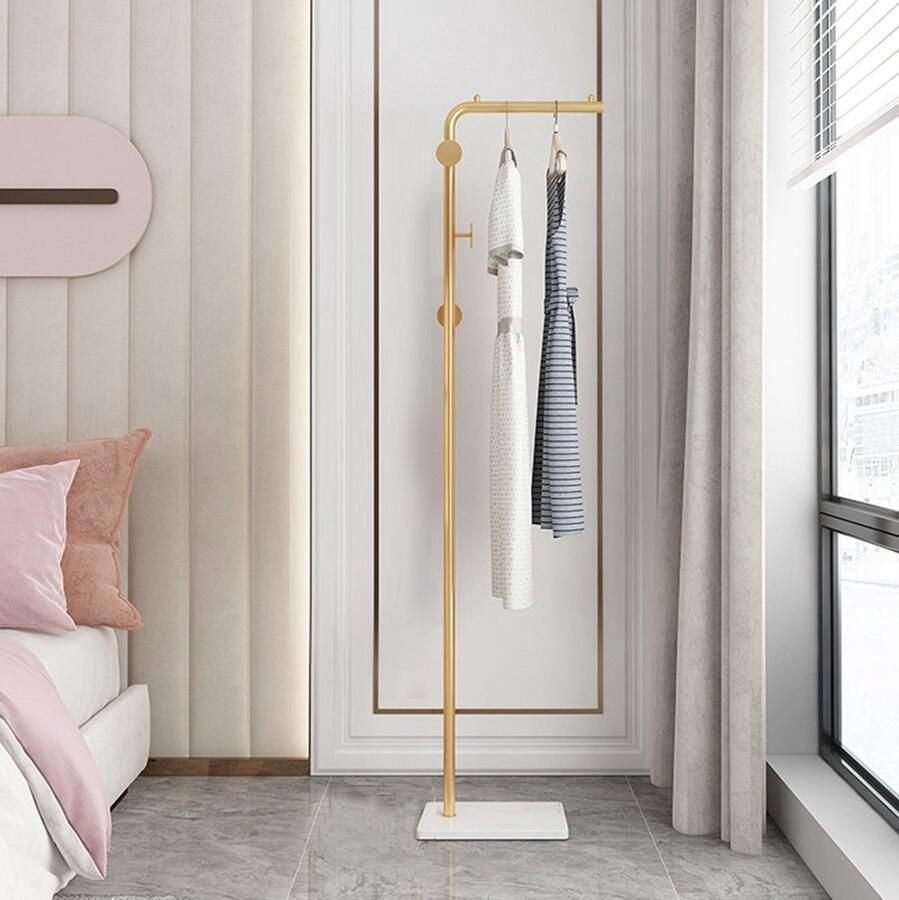 CHIWIN Kapstok Staand met Kledingstang & Wit Marmeren Voet 3 Haken- Metaal Ruimtebesparend Design Snel Montage Geschikt voor Woonkamer Slaapkamer Studeerkamer Goud