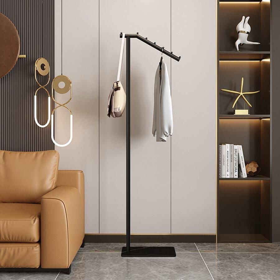 CHIWIN Kapstok Staand Zwart 7-vormig Vrijstaand Kapstokken Metaal met Marmeren Voetstuk Ruimtebesparend 35kg Draagvermogen voor Kleedkamer Badkamer Slaapkamer Woonkamer 40 x 25 x 170 cm