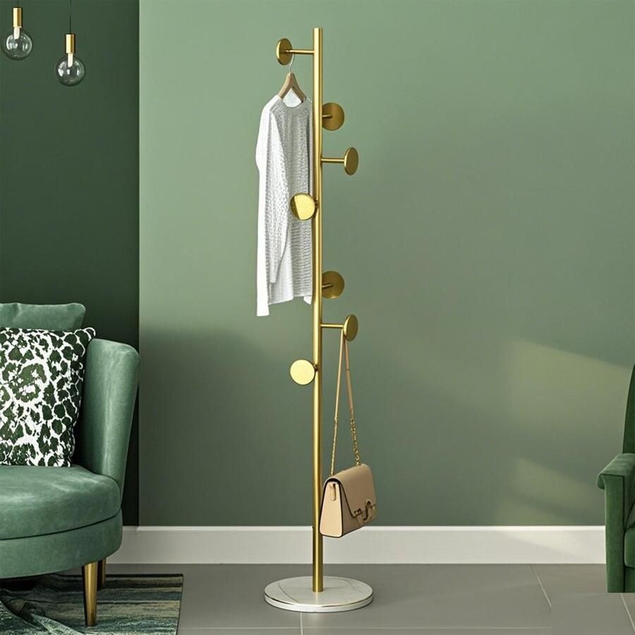 CHIWIN Kapstok Staande Kapstok Kapstokken met Marmeren Voet 7 Haken Metaal Moderne Opbergoplossing Eenvoudige Montage Goud
