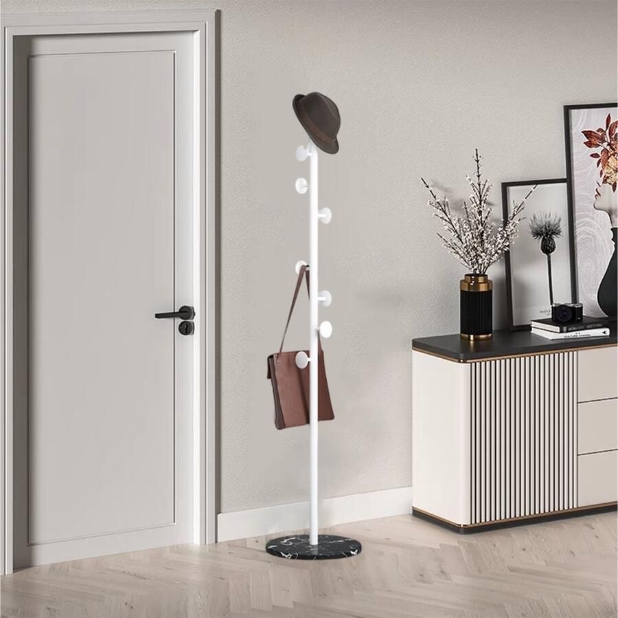 CHIWIN Kapstok Staande Kapstok Kapstokken met Zwart Marmeren Voet 7 Haken Modern Design Metaal Geschikt voor Woonkamer Slaapkamer Studeerkamer Wit