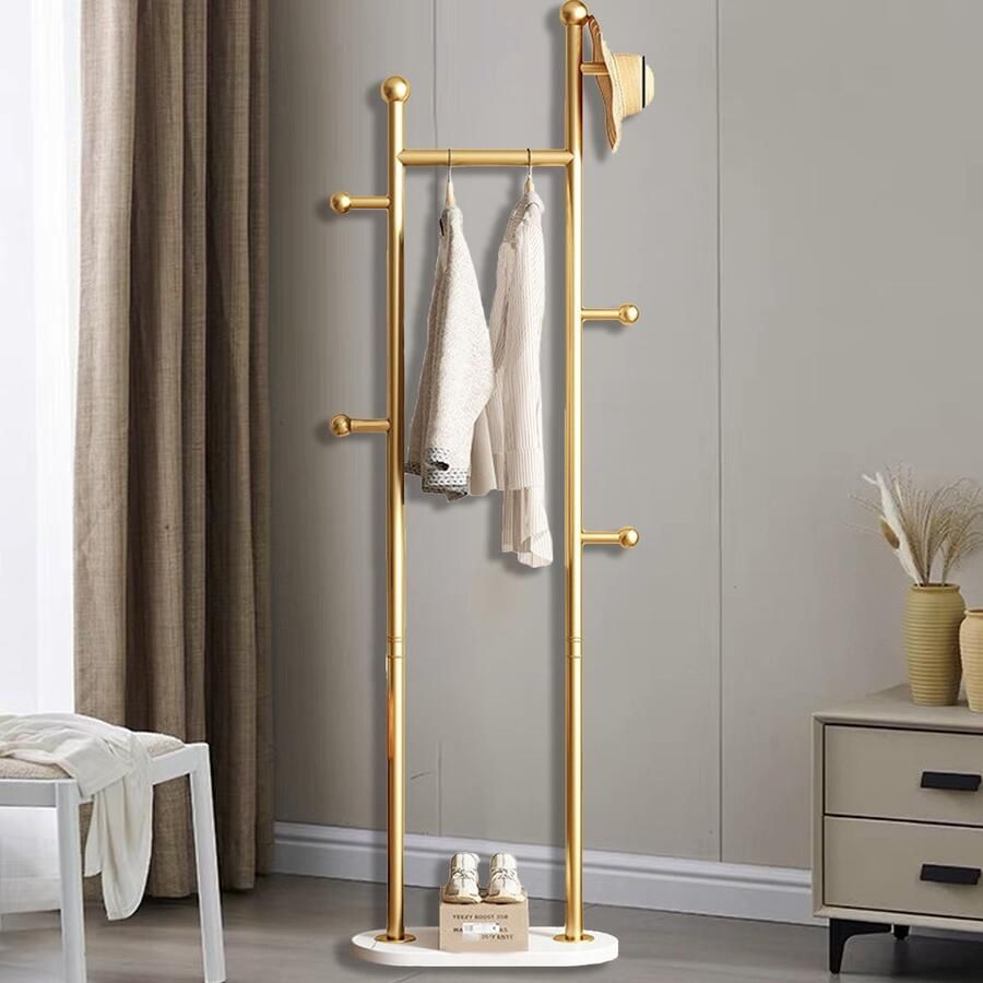 CHIWIN Kapstok Vrijstaand Metaal 168cm 5 Haken en Zware Basis Staande Kledingrek voor Hal Slaapkamer Gang Ruimtebesparende Jassenrek Tassenhouder Goud