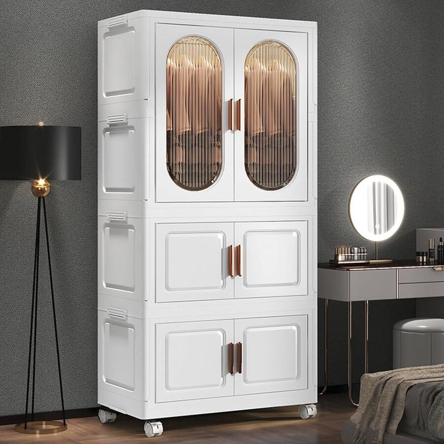 CHIWIN Kinder Opvouwbare Kledingkast PP Kunststof Kast met 4 Zwenkwielen Draagbare Kast Ruimtebesparend Ontwerp Geen Gereedschap Nodig 60 x 38 x 135 cm Wit