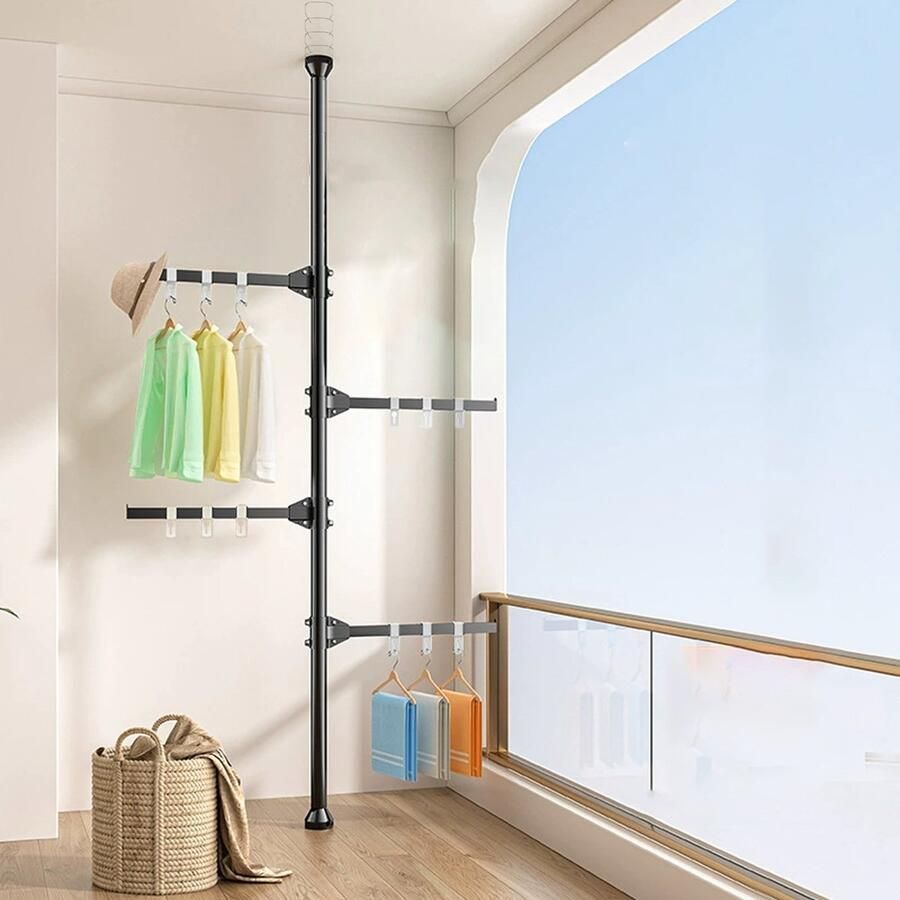 CHIWIN Kledingrek Zonder Boren Kledingrek Uitschuifbaar Stabiel Ruimtebesparend Garderobe 4 Stangen en 12 Haken 296-330cm Verstelbaar Zwart