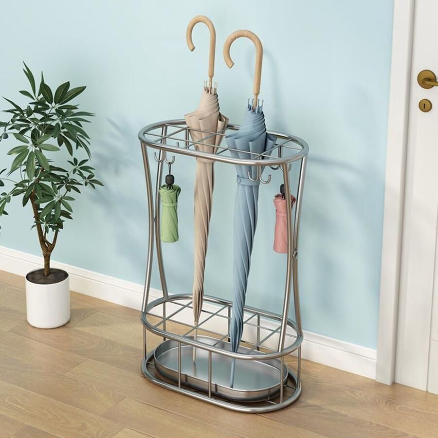 CHIWIN Paraplubak RVS met 8 Haken en Lekbak – Stabiele Parapluhouder met 11 Gaten – Roestvrij Metaal – Voor Hal & Kantoor – Modern & Compact – 32x18x47cm