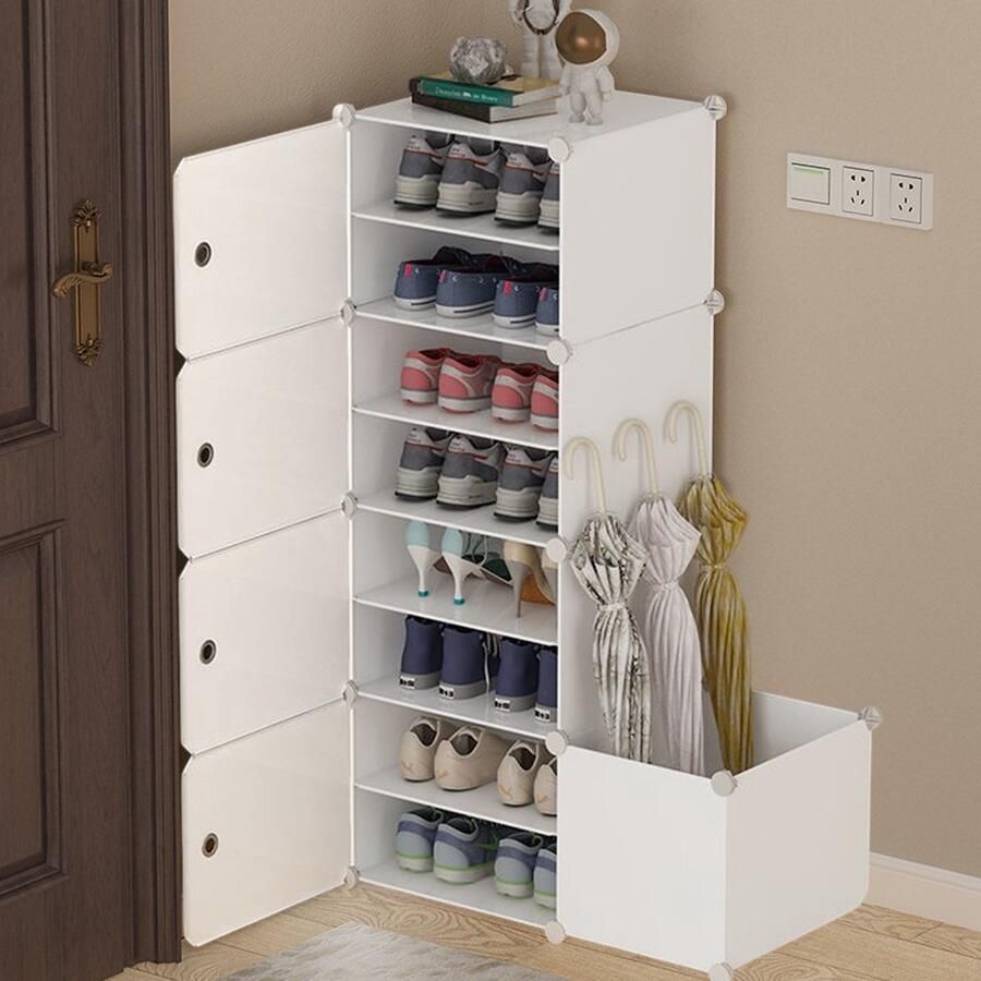 CHIWIN Schoenenkast Schoenenbank 8-Lagen met Paraplubak- Voor 16 paar Schoenen Smal Verticaal Design Aanpasbare Indeling Waterdicht Materiaal Kunststof Wit 76 x 32 x 127 cm