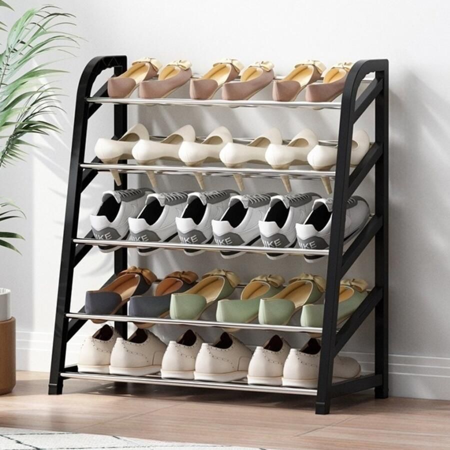 CHIWIN Schoenenrek – 5 Laags – 45° Hellend Ontwerp – Metaal Schoenenkast – Voor 15 Paar Schoenen – Ruimtebesparend Schoenenrek 65 cm Breed– Voor Hal Woonkamer & Gang – Zwart