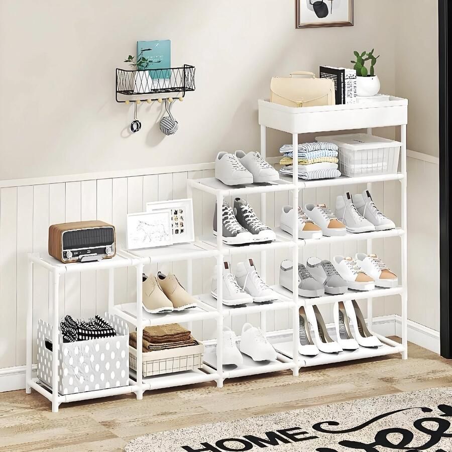 CHIWIN Schoenenrek 5 Laags Schoenenrek Metaal en Stof Ruimtebesparend Opbergsysteem Schoenenkast voor Hal Gang Slaapkamer Geen Boren Nodig Wit