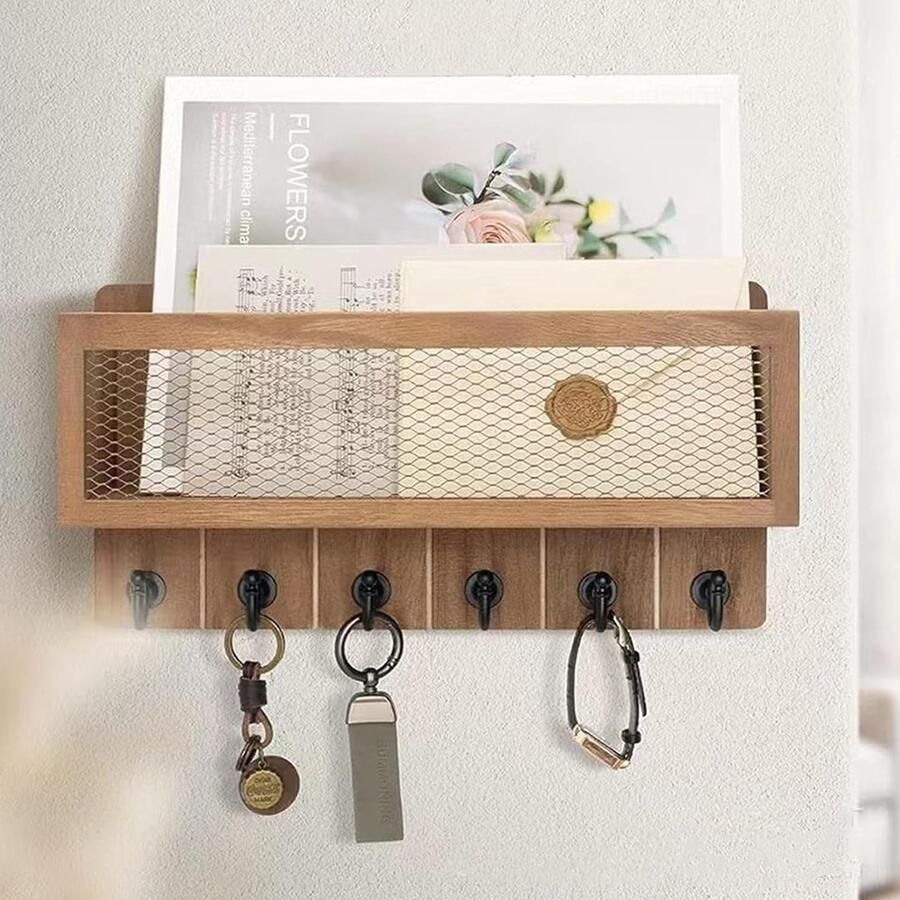 CHIWIN Sleutelbakje Sleutelbord Hout 6 Haken & Postvak Sleutelbord Wand Multifunctioneel Wandrek Modern Sleutel Rekje Design Snel Geïnstalleerd 33 x 17 x 9cm
