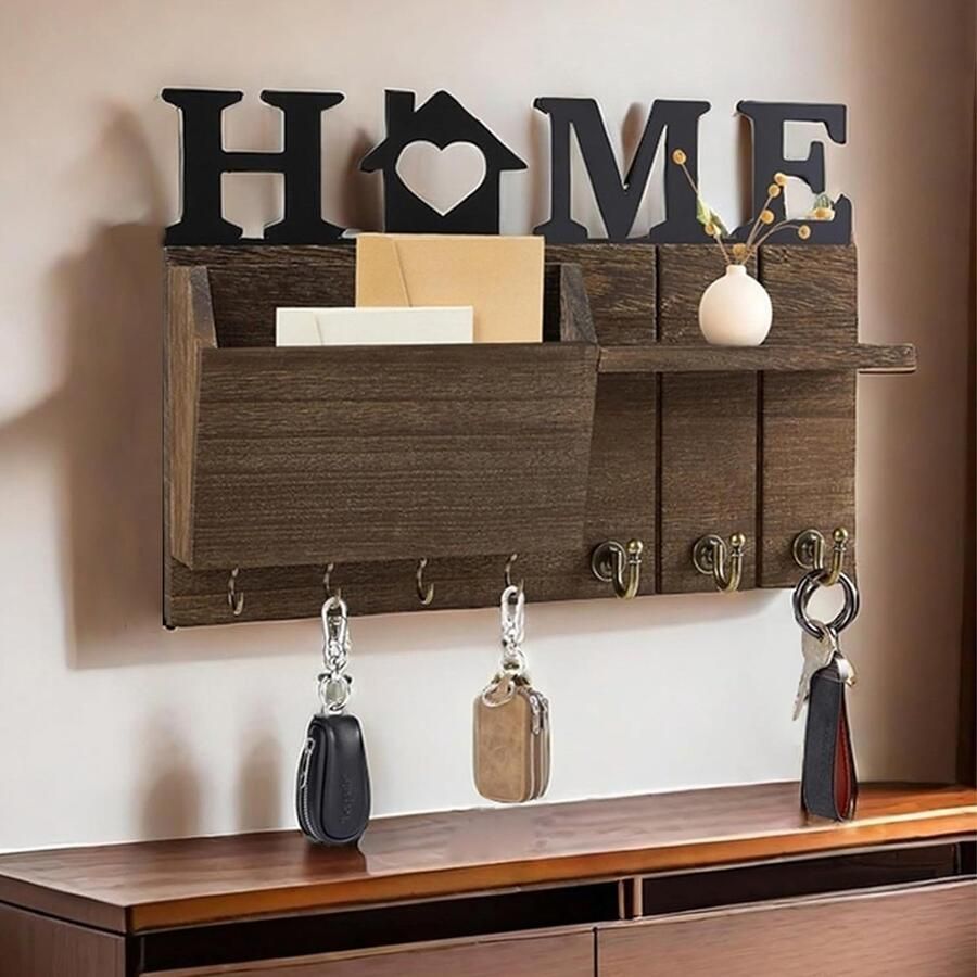 CHIWIN Sleutelbakje Sleutelbord Hout met Postvakken 7 Haken & Plank Hout & Metaal Multifunctioneel Wandrek Sleutel Organizer Landelijk Design Bruin