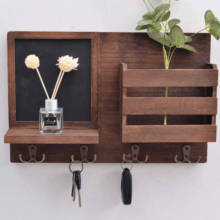 CHIWIN Sleutelbakje Sleutelbord Houtmet 4 Haken & Postvak Multifunctioneel Wandrek Traditionele Houtverbinding Hout & Metaal Landelijk Design Snel Geïnstalleerd Breedte 42 5 cm