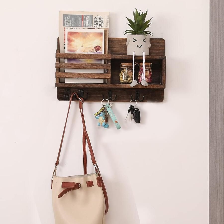 CHIWIN Sleutelbakje Sleutelrekje Hout 6 Haken & 2 Planken Landelijk Design Hout & Metaal Multifunctioneel Wandrek Sleutelrek met Postvak Snel Geïnstalleerd Breedte 29 cm Bruin