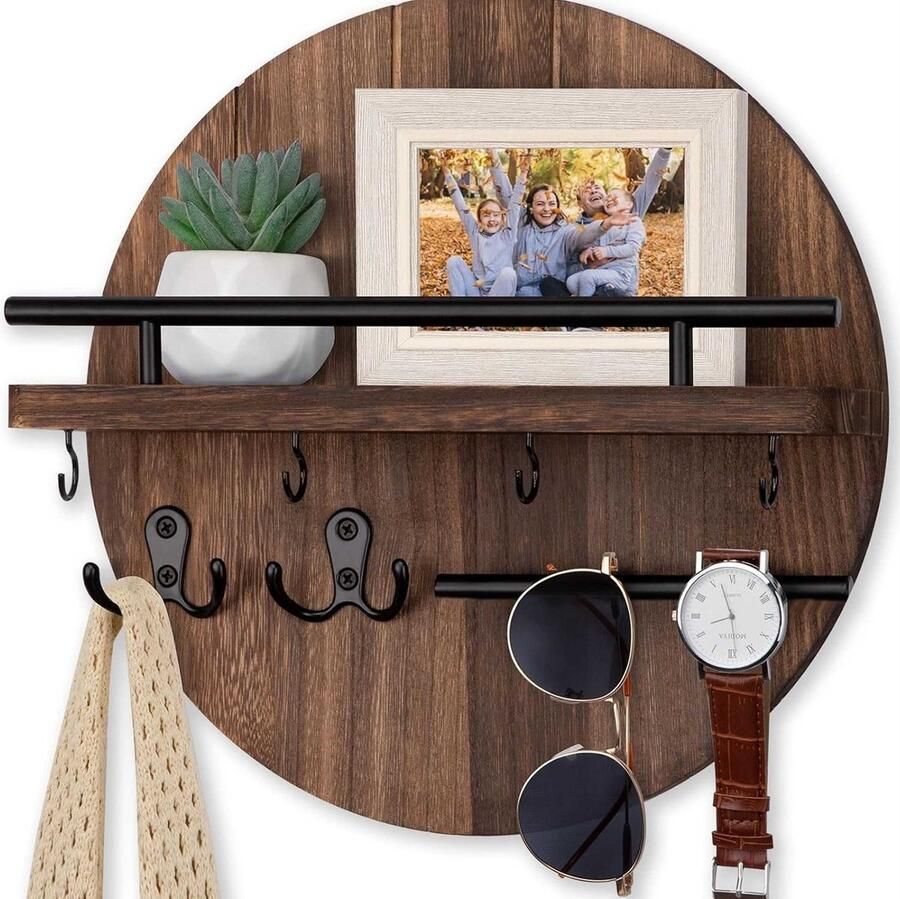 CHIWIN Sleutelbakje Sleutelrekje Hout 6 Haken Multifunctioneel Wandrek met Legplank en Hangrail Modern Sleutelrekje Natuurhout & Metaal Snel Geïnstalleerd