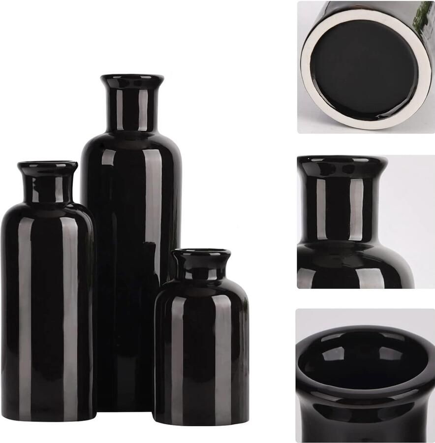 CHIWIN Vaas Set – 3 Delige Keramische Vazen – Decoratieve Vaas Zwart Wit – Droogbloemen Vaas – Moderne Woondecoratie – Keramiek Bloemenvaas voor Tafel Woonkamer & Kantoor – Hoogte 7 2 19 25 2 cm Zwart