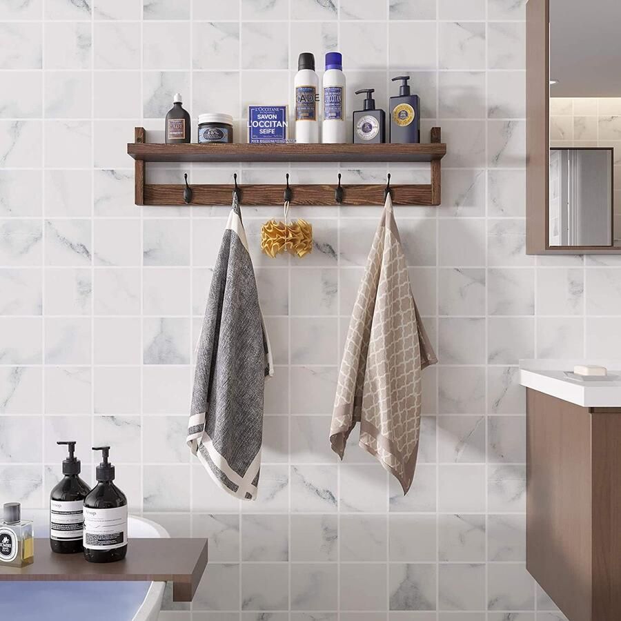 CHIWIN Wandkapstok Hout met Hoedenplank Grenenhout Kapstok Hangend Vintage 5 Haken Kapstokken Muur Ruimtebesparend Ondersteunt veilig 3 kg 73.5 x 11.5 x 18.5 cm Ideaal voor de Hal Slaapkamer Keuken of Woonkamer Bruin - Foto 2