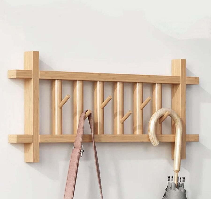 CHIWIN Wandkapstok Bamboe met 6 360° Draaibare Haken Kapstok Hangend Hout Muur Kapstokken Muur Ruimtebesparend 60x23 cm Tot 15kg Totale Belasting voor de Gang Slaapkamer Woonkamer Keuken of Achterdeur