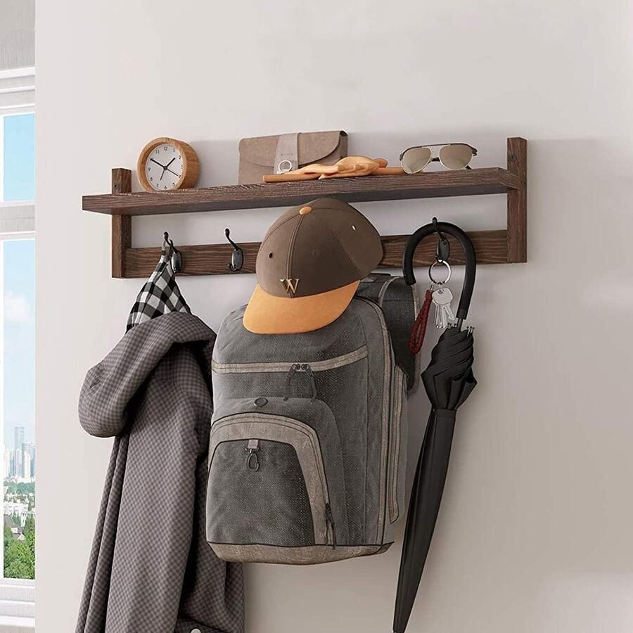 CHIWIN Wandkapstok Hout met Hoedenplank Grenenhout Kapstok Hangend Vintage 5 Haken Kapstokken Muur Ruimtebesparend Ondersteunt veilig 3 kg 73.5 x 11.5 x 18.5 cm Ideaal voor de Hal Slaapkamer Keuken of Woonkamer Bruin