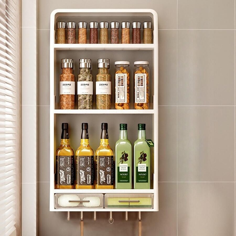 CHIWIN Wandplank Keuken 3-Lags Wandrek met 2 Lades & 6 Haken voor Keuken Woonkamer Badkamer Boorvrije Opbergplank 82x40x10cm Moderne Keukenorganizer Wit