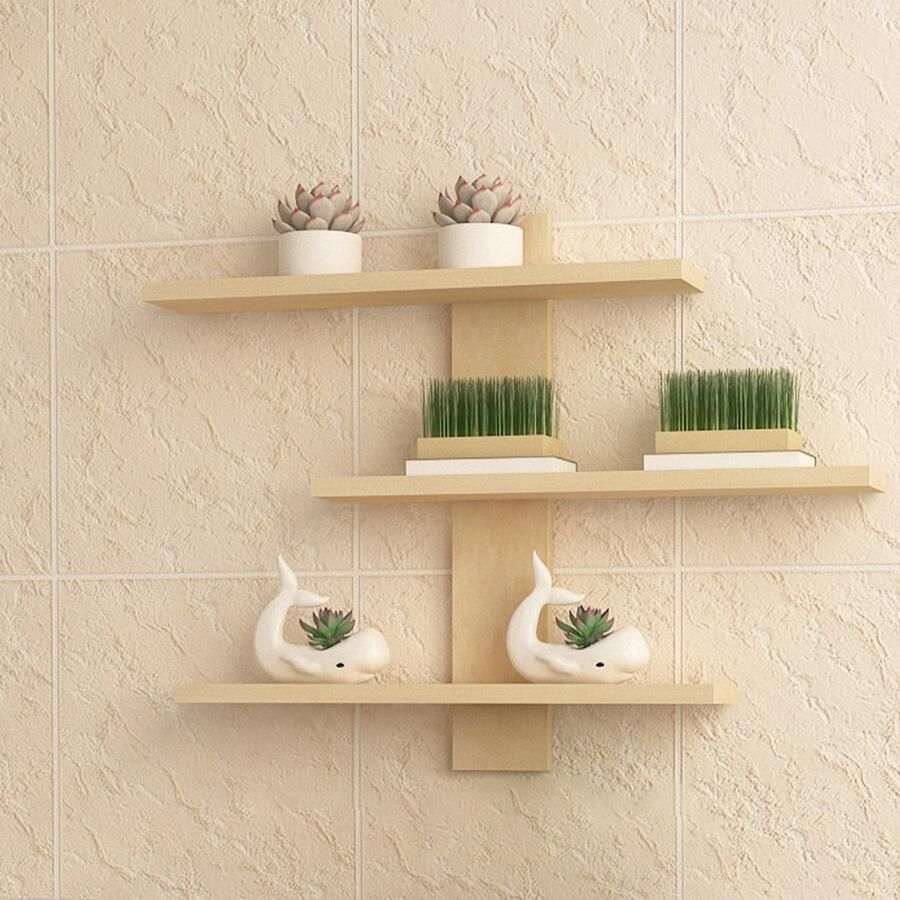 CHIWIN Wandrek Hout 3-laags – Zwevend Wandplank – Houten Wandplanken voor Keuken Woonkamer of Slaapkamer – Decoratief Opbergrek – 50x50x14cm – Natuurlijk Hout – Eenvoudige Montage