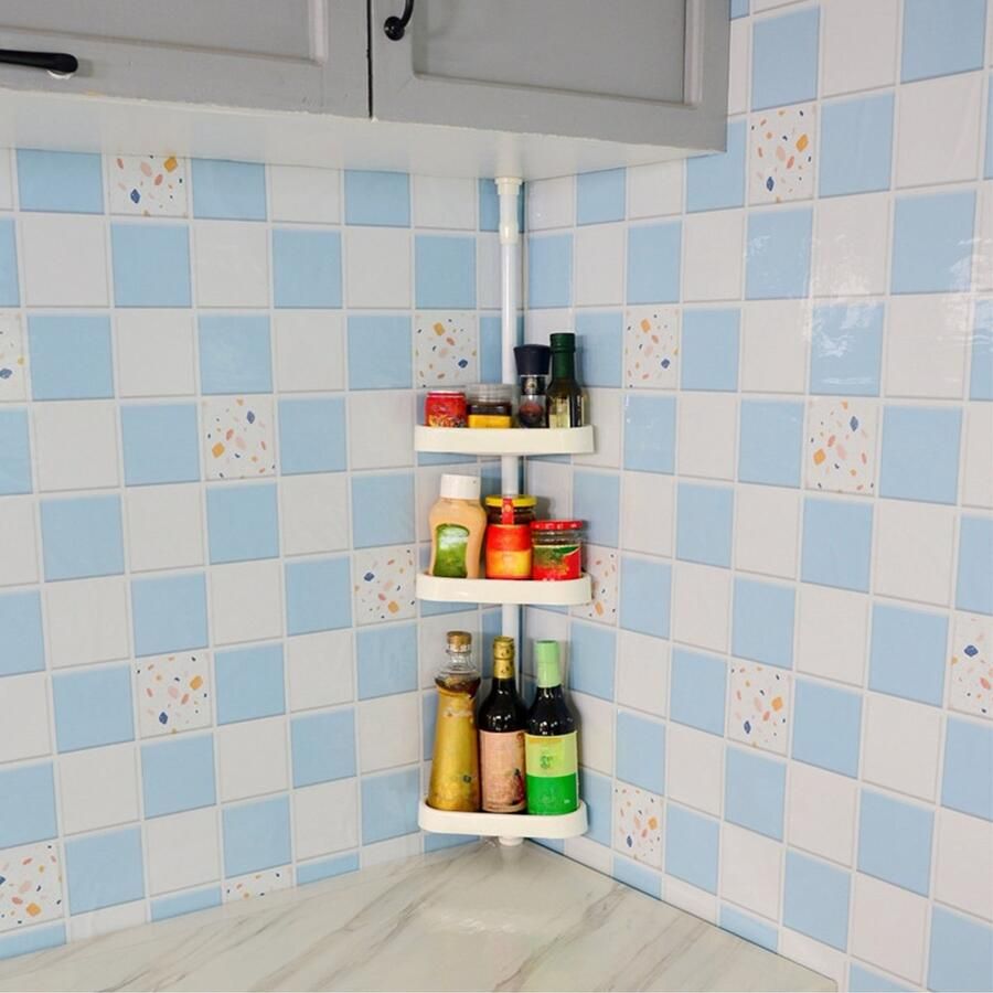 CHIWIN Zwevende Wandplank Wandrek Keuken 3-Laags Hoekplank Ruimtebesparend Snel Monteren Zonder Boren Verstelbaar Hoogte 69-110cm Wit