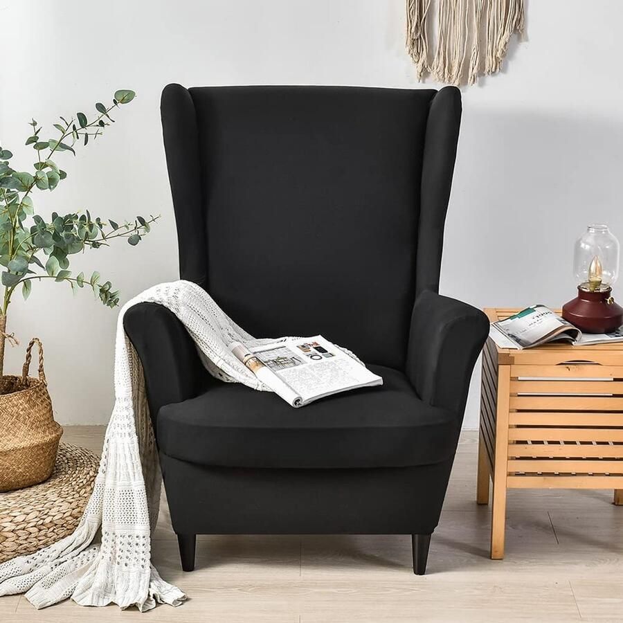 CHNSHOME Fauteuilhoes Vleugelstoel 2 stuks Fauteuilhoezen Fauteuilsprei Vleugelstoel Stretch Fauteuilhoes Vleugelstoelhoes Zwart
