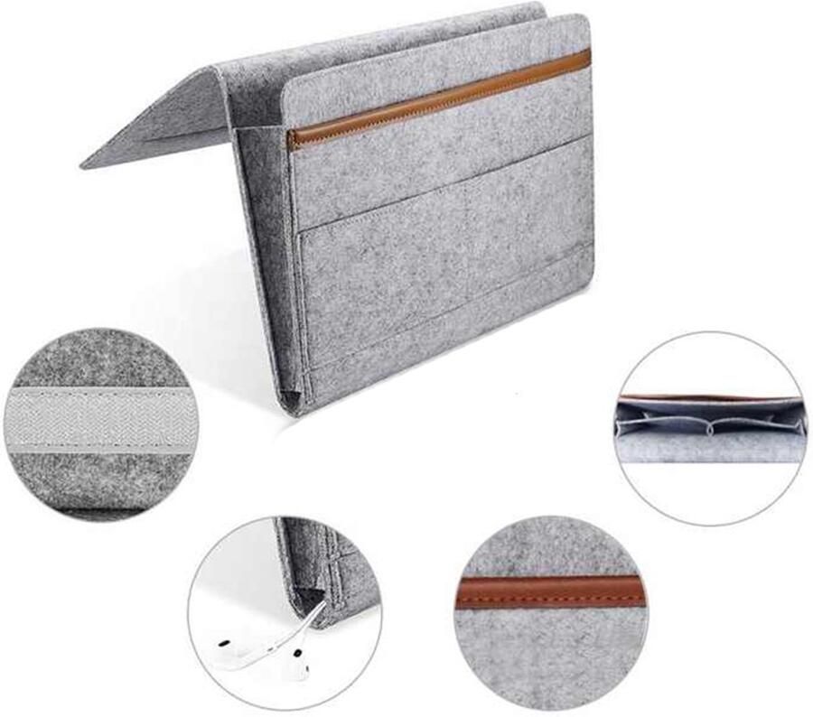 CHPN Bankopberger Bed organizer Grijs opberghoes voor bank of bed Met handige flap Bedside Pocket Tijdschriften Opbergen Vilt Nachtkastje Grijs