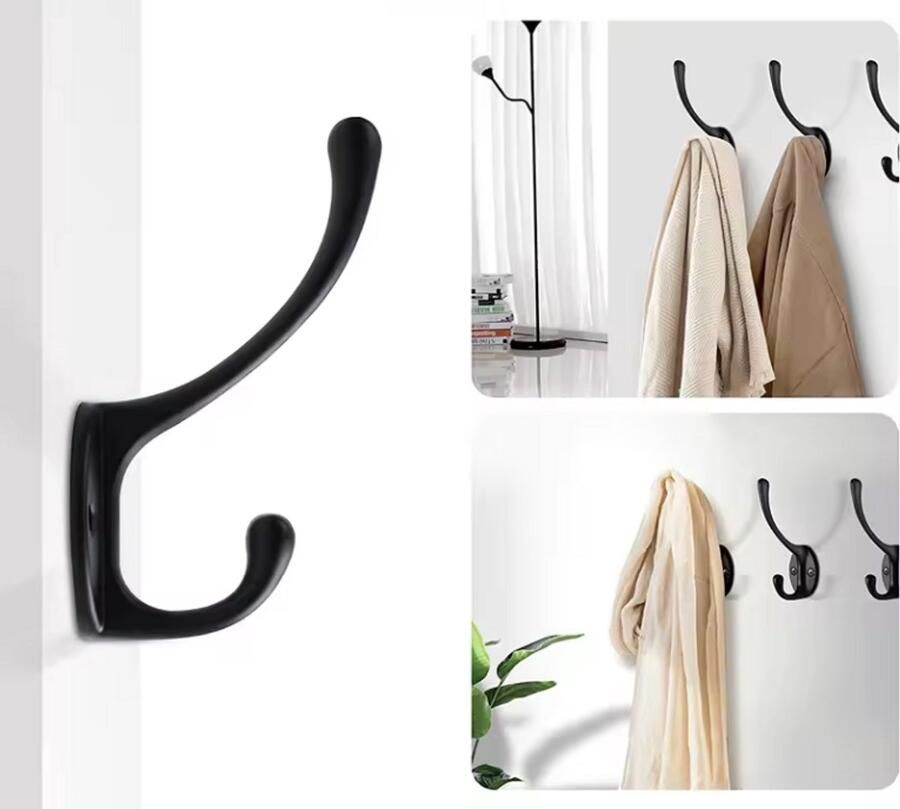 CHPN Jassenhaak Kapstokhaak 4 stuks Zwart Metaal Haakjes voor je jas Dubbele haak Inclusief bevestigingsmateriaal Kapstok Jassen ophangen Chique haak