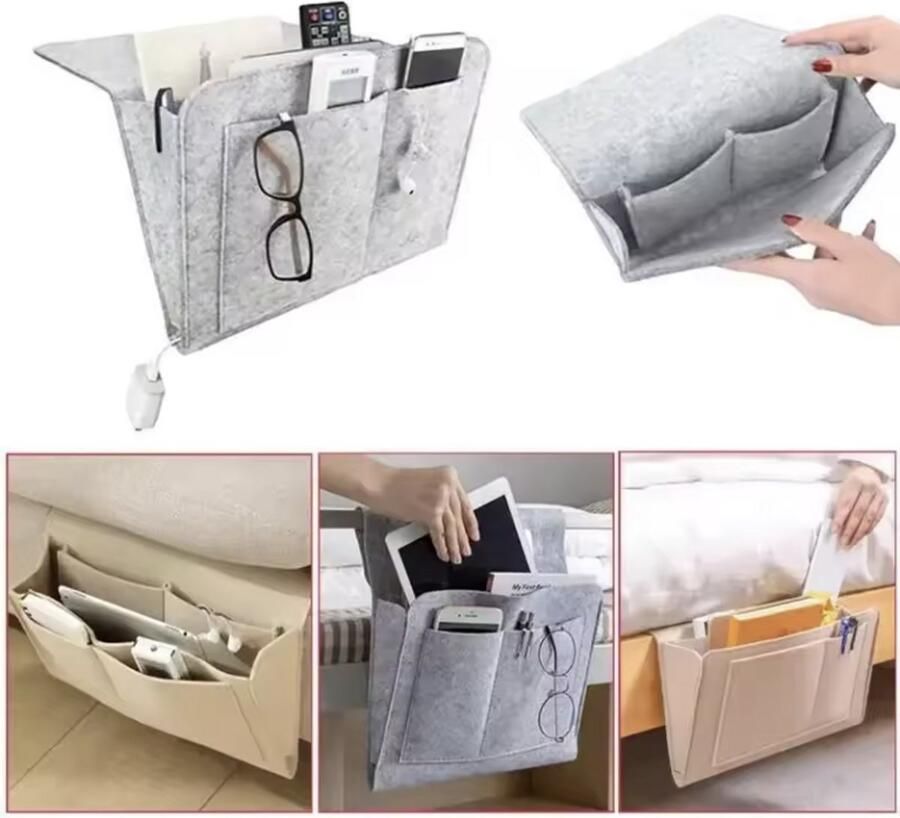 CHPN Vilten Bed organizer Bedside pocket Bank organiser Bankorganizer Lichtgrijs Opbergzak Nachtkastje Bankopberger 21 32CM