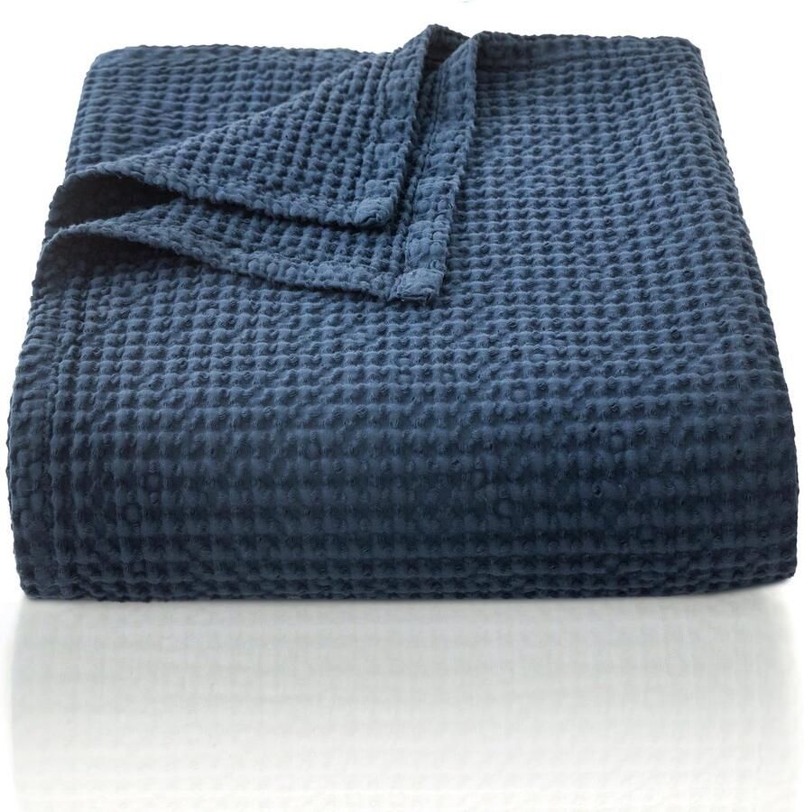 Chuffed 100% katoenen deken 220 x 240 cm zacht en ademend bedsprei wafelpatroon lichtgewicht deken als bankdeken zachte gezellige deken woonkamer bank marineblauw