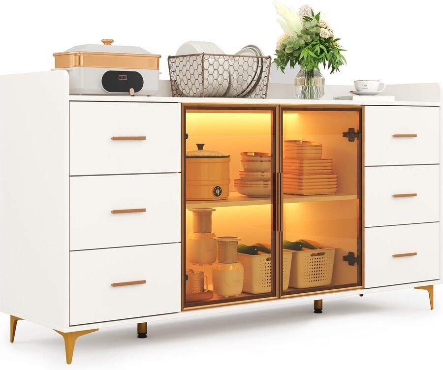 CINK Home – Luxe Dressoir 160×44×87 cm met LED-verlichting – 6 Lades & Glazen Deuren – Woonkamerkast Wit Goud – Moderne Opbergkast MDF & Gehard Glas