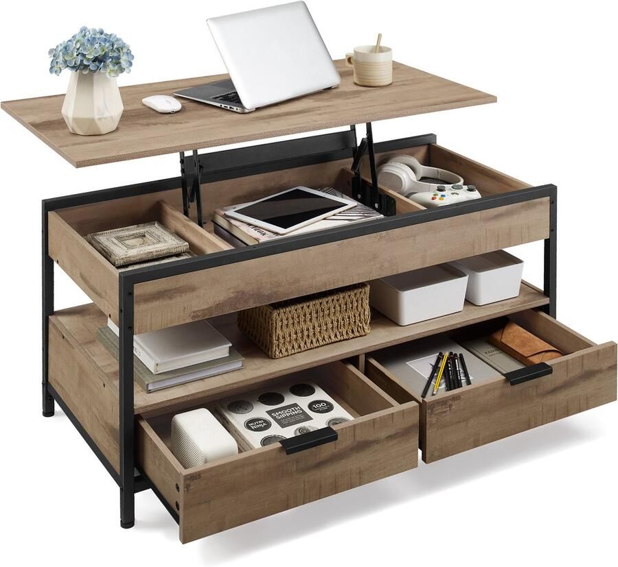 CINK Home – Salontafel met Verstelbaar Tafelblad – Koffietafel met Lift-Top Design – Met Lades & Opbergruimte – 100×50×(48–63) cm