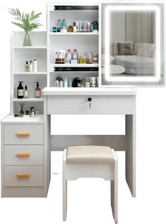 Cink Living Kaptafel met LED Spiegel – Houten Make-uptafel met Stoel 3 Lades en 5 Planken – Gespiegeld – Wit – 110-240V – Klassiek Design – Inclusief Opbergruimte