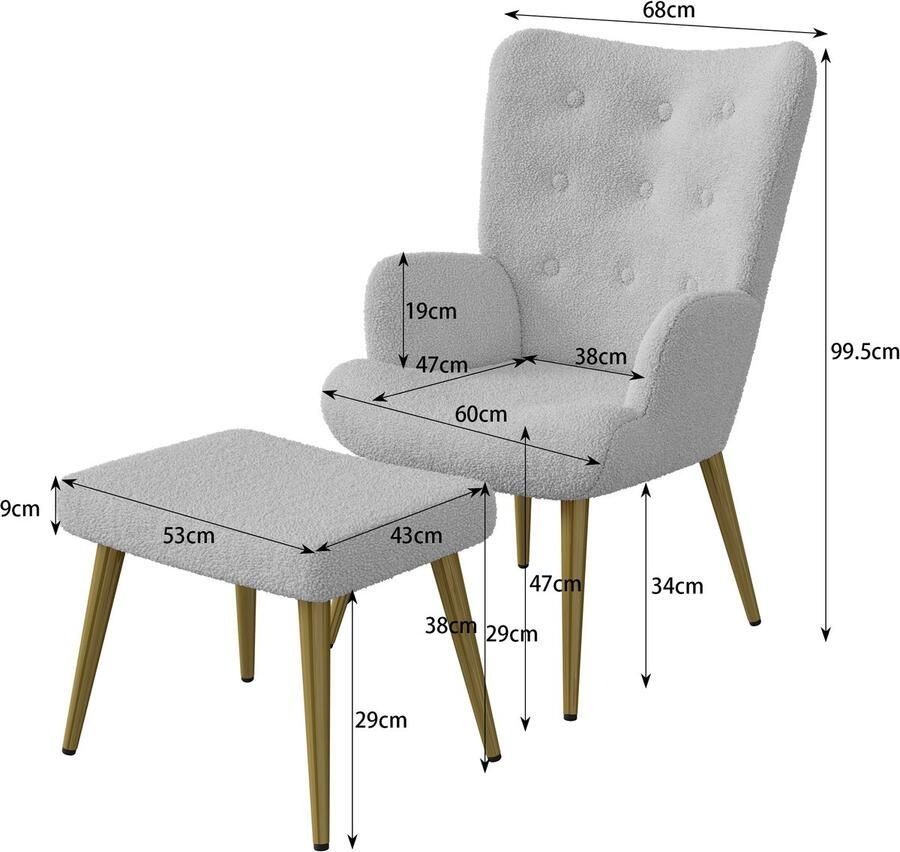 CINKLUX Luxe Fauteuil met Voetenbank – Lichtgrijs – Comfortabele Loungestoel met Hocker – Scandinavisch Design – Ergonomisch & Stevig – Voor Woonkamer Slaapkamer Kantoor