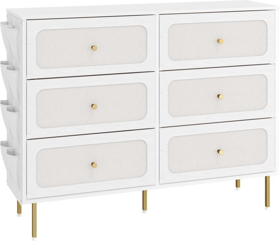 CINKTure Stoffen Ladekast – 6 Lades – Dressoir met Metalen Frame – Modern Design – Wit met Goud – Opbergkast voor Slaapkamer Hal & Woonkamer