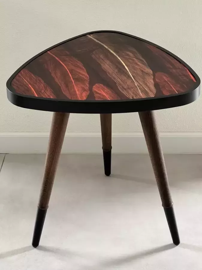 Cipres Bijzettafel Driehoek Hoogte 50 cm x Ø45 cm Bruin Zwart Hout Dessin Massief Beukenhouten poten Moderne Bijzettafel Kleine Salontafel