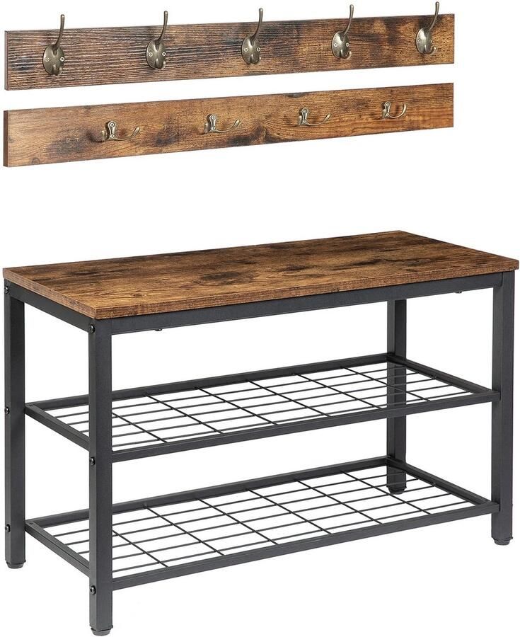 Cissé Robust-Kapstok-Schoenenbankset-Ingang Schoenenrek- Met 9 haken organizer-Rustiek bruin en zwart- Industrieel design- 30x70x46cm