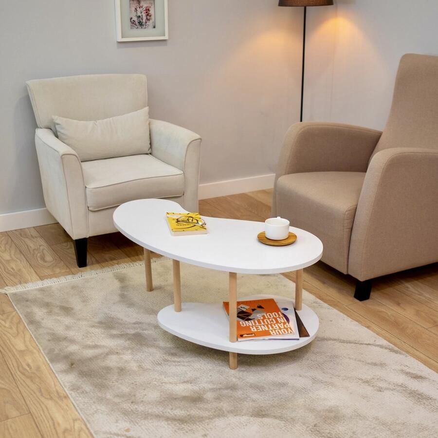 City of Wood Boonvormige salontafel met houten poten en twee planken – Tijdschriftenrek & krantenhouder Wit