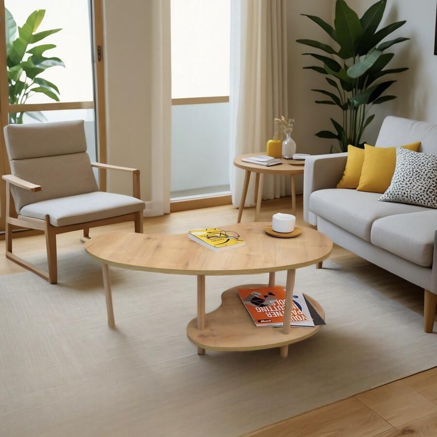 City of Wood Boonvormige salontafel met houten poten en twee planken – Tijdschriftenrek & krantenhouder Beige