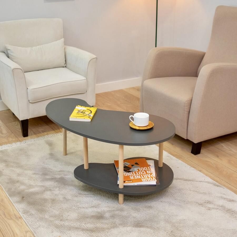 City of Wood Boonvormige salontafel met houten poten en twee planken – Tijdschriftenrek & krantenhouder Grijs