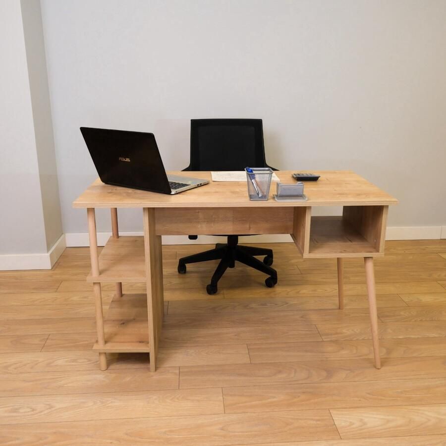 City of Wood Compact bureau met drie planken functioneel en stijlvol voor elke werkplek Beige