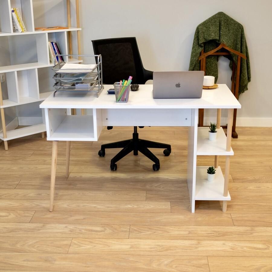 City of Wood Compact bureau met drie planken Functioneel en stijlvol voor elke werkplek Wit