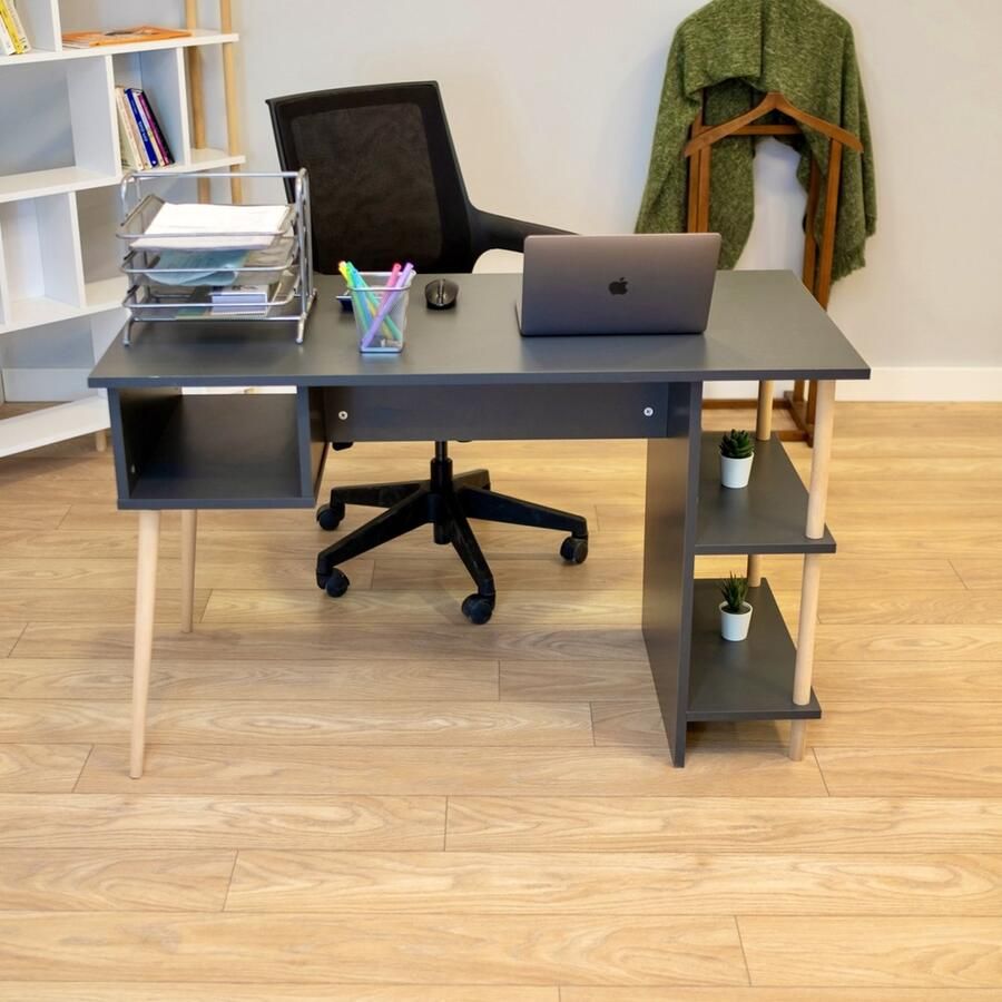 City of Wood Compact bureau met drie planken Functioneel en stijlvol voor elke werkruimte Grijs