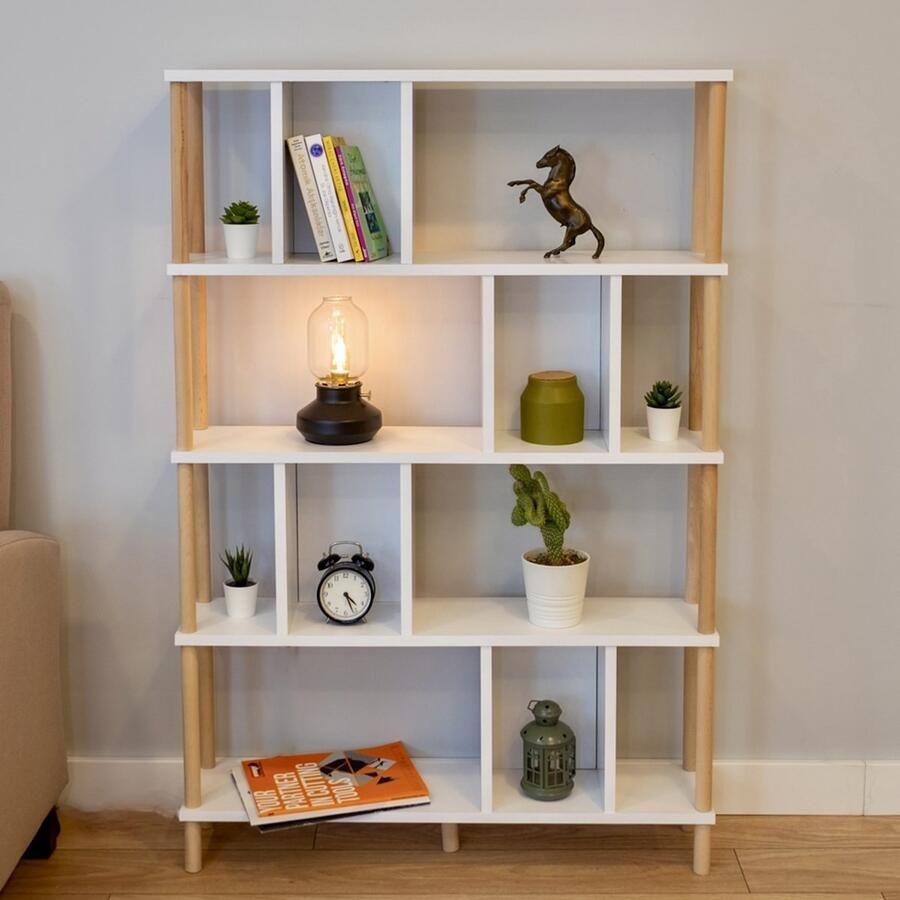 City of Wood Hoge houten boekenkast met vijf planken – Moderne opbergruimte voor de woonkamer of thuiskantoor Wit