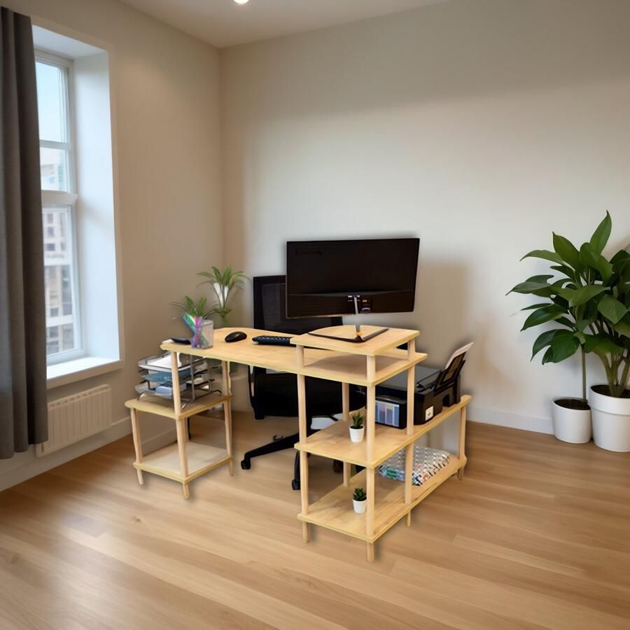 City of Wood Houten bureau met vijf planken veelzijdige bijzettafel voor thuiskantoor Begie