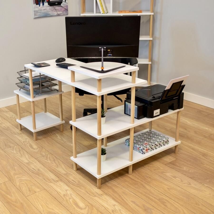 City of Wood Houten bureau met vijf planken veelzijdige bijzettafel voor thuiskantoor Wit